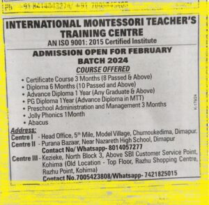International Montessori Teacher’s Training Centre Dimapur and Kohima